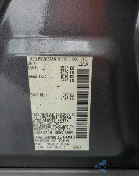 2017 Nissan Altima 2.5 from USA, damaged, VIN 1N4AL3APXHN326093